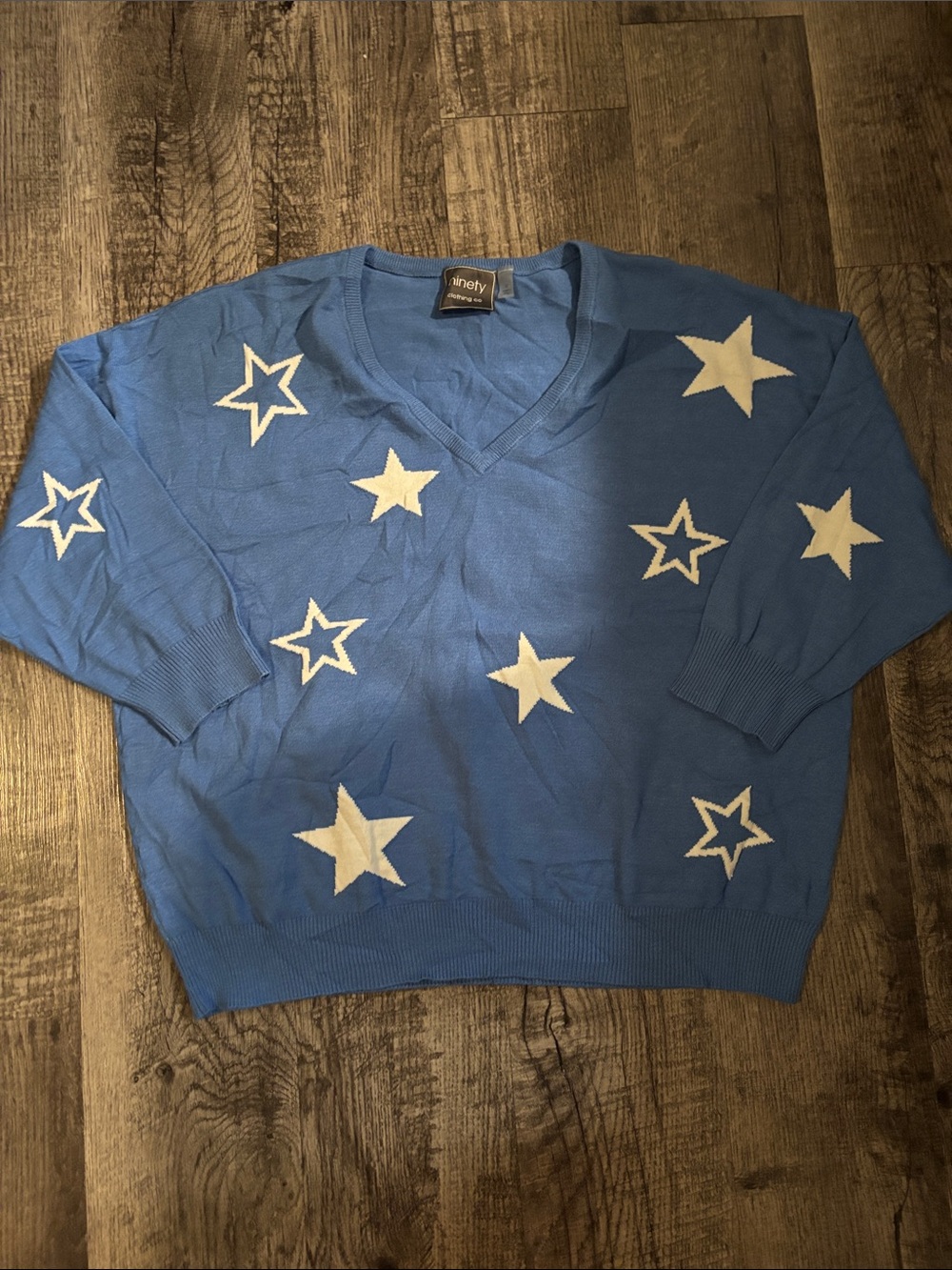 Ninety Clothing Co. V-Neck Sweater - Blue with Star Print - Size Large